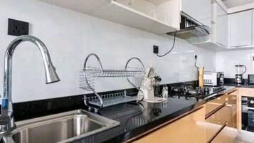 Classic Apartment, Balcony, City View | Private kitchen | Coffee/tea maker, full-sized fridge, microwave, oven