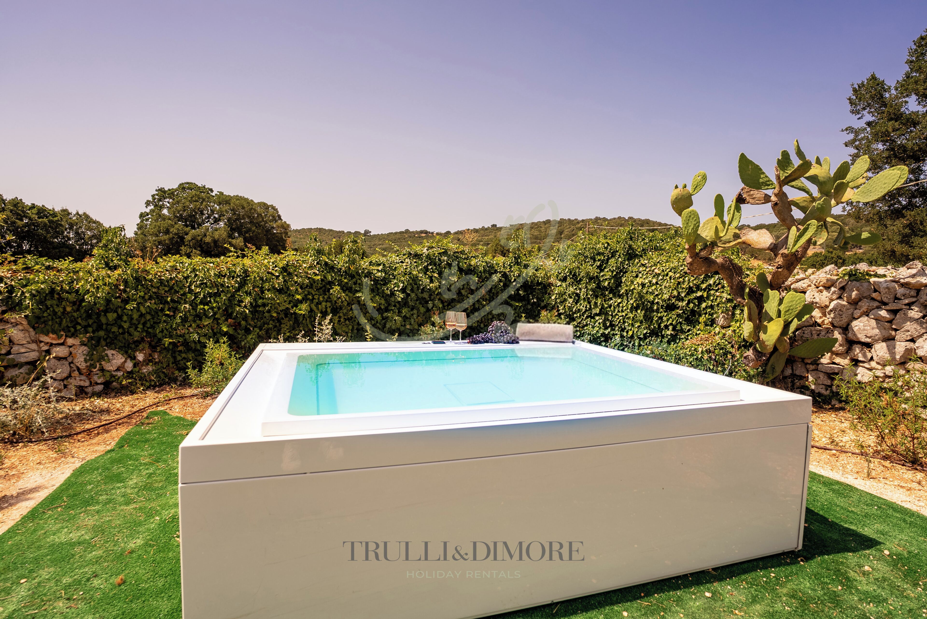 A rectangular pool with a white border, surrounded by green grass and a stone wall.