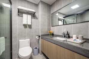 Buồng tắm vòi sen, máy sấy tóc, khăn tắm, dầu gội 