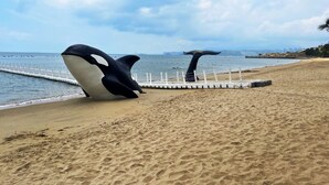 Ein Strand mit zwei großen Wal-Skulpturen und einem Steg, der ins Wasser führt.