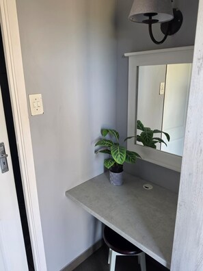 A bathroom with a grey countertop, a potted plant, a mirror, and a towel rack.
