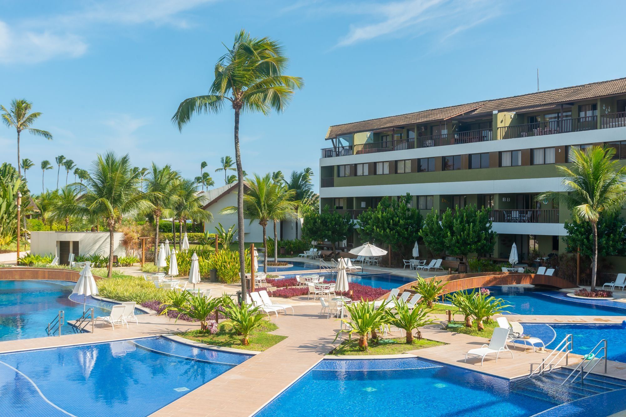 Un hôtel doté d’une grande piscine extérieure, entourée de palmiers et de chaises longues.