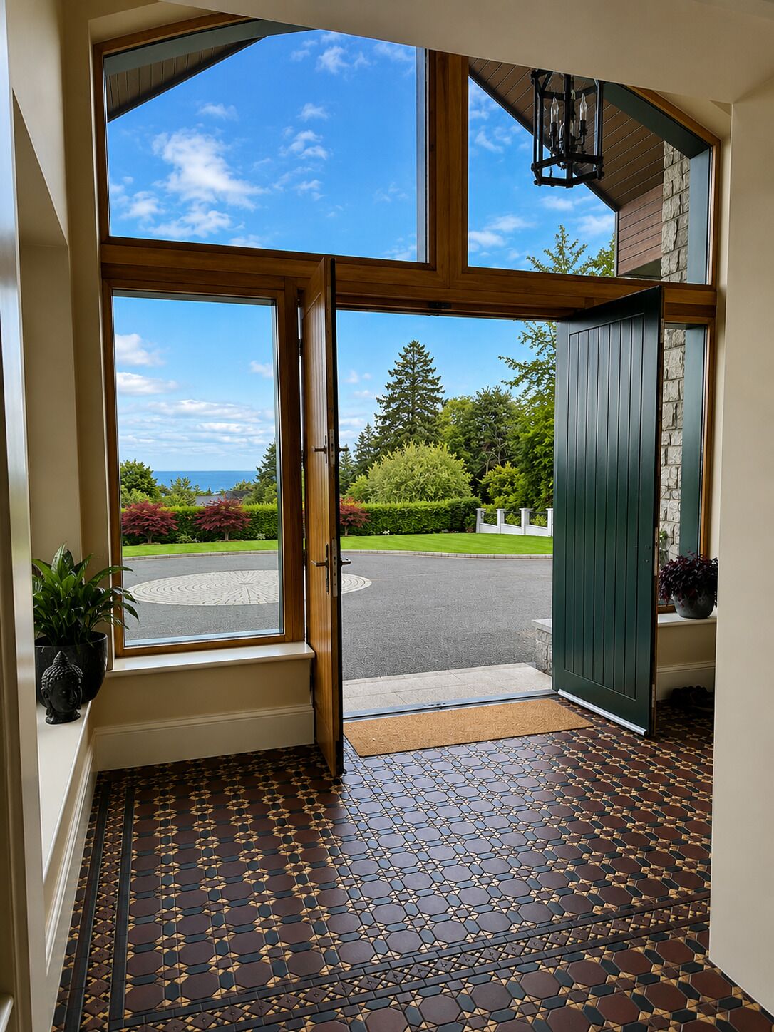 A hotel entrance with a large glass door, a view of a landscaped garden, and a patterned floor.