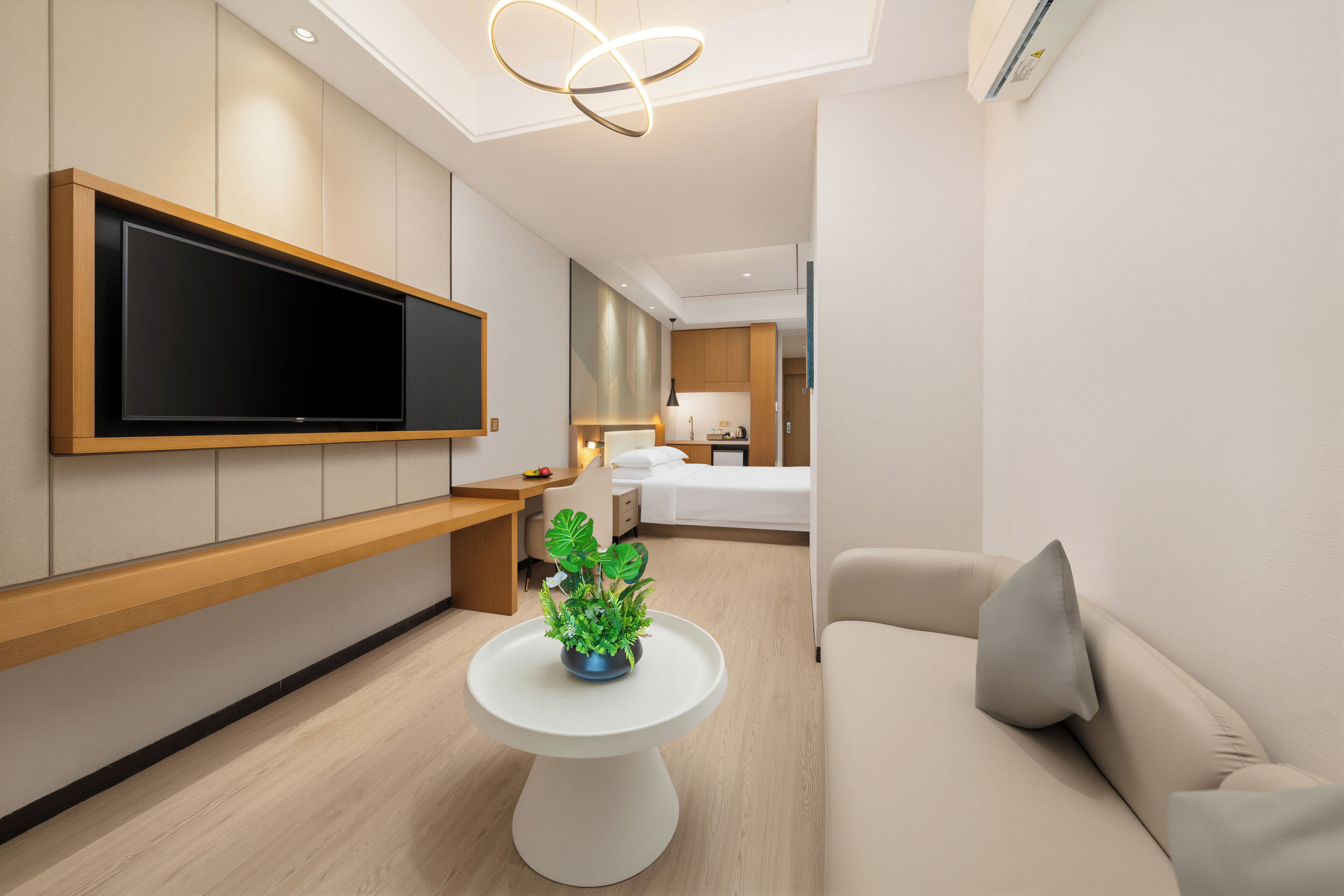 Una habitación de hotel moderna con un televisor de pantalla plana montado en la pared, una mesita redonda con una planta, un sofá y una cama con una mesita de noche.