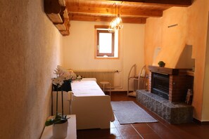 A room with a fireplace, a radiator, a window, and a plant on a table. - Casa Holamundo, authentic 1900 Stone House in the Mountains near Lugano (Curtina)