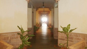 A corridor with potted plants on either side, leading to a bright area at the end. - Dalmia Resort - Puri (Puri)