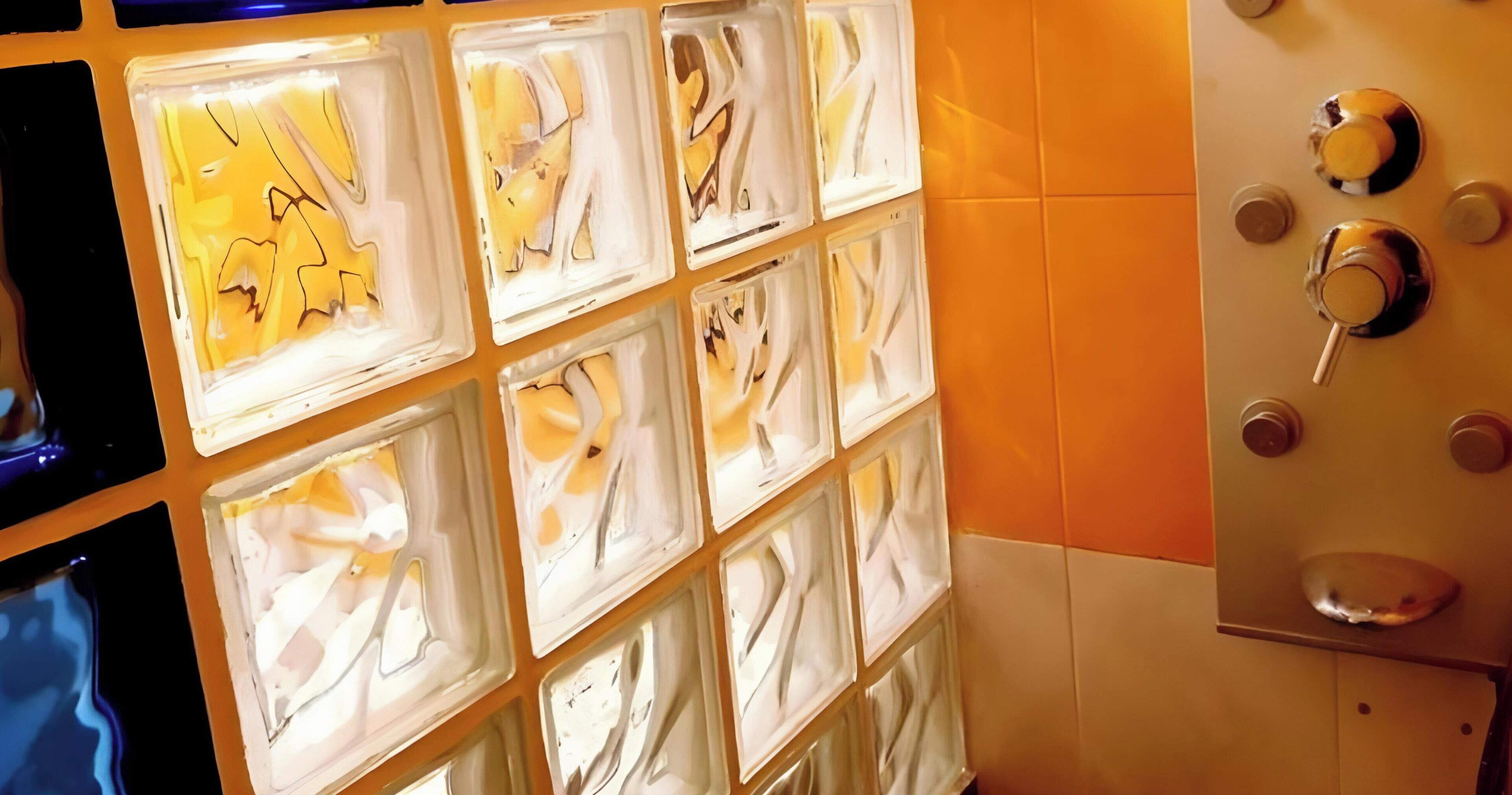 Una pared con varios paneles iluminados, una puerta metálica con manija y una pared de azulejos.
