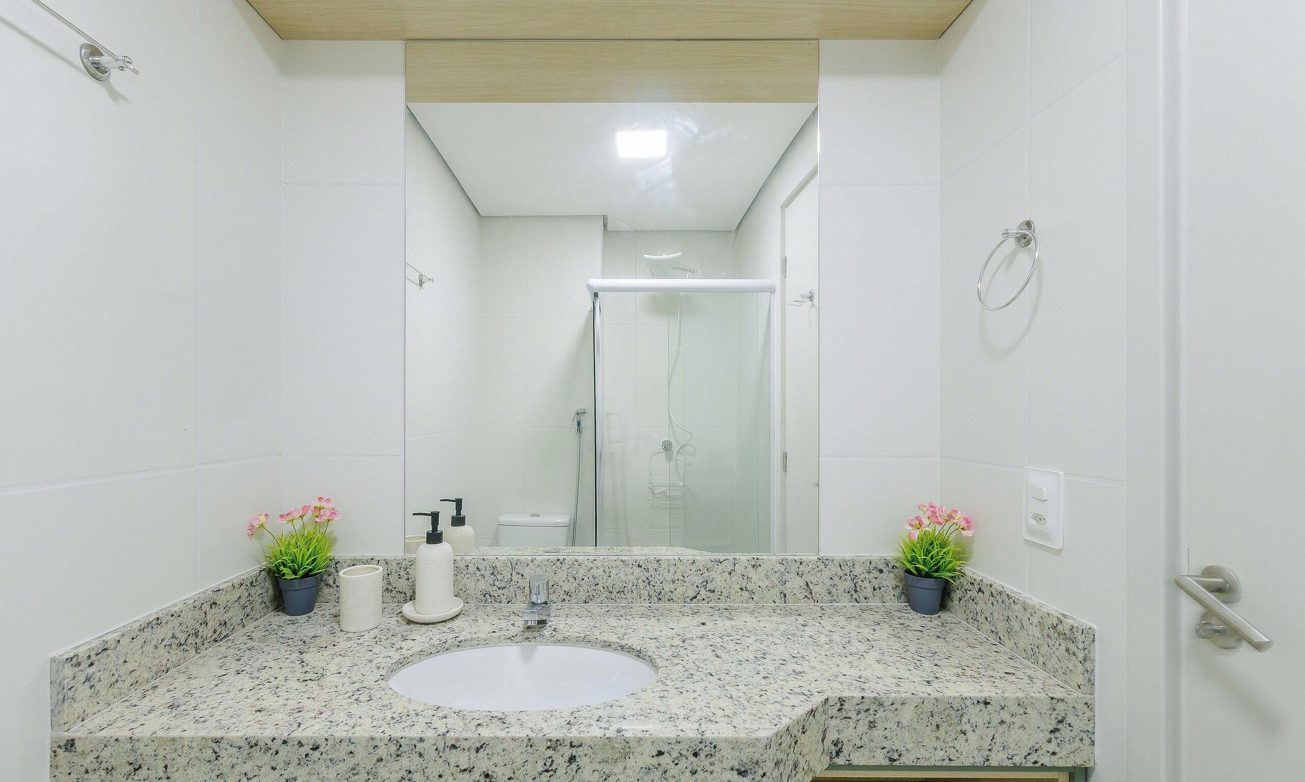 A bathroom with a granite countertop, a sink, two potted plants, a toilet, and a shower.