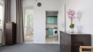Een modern appartement met een grijs vloerkleed, een houten kast, een witte inbouwkast, een eethoek met een tafel en stoelen, en een keuken met blauwgroene kastjes en een wasmachine.