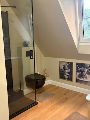 A modern bathroom with a glass shower enclosure, a black toilet, and wooden flooring. - Apartment "Hof Hageneck" with Shared Terrace, Garden, and Wi-Fi (Everswinkel)
