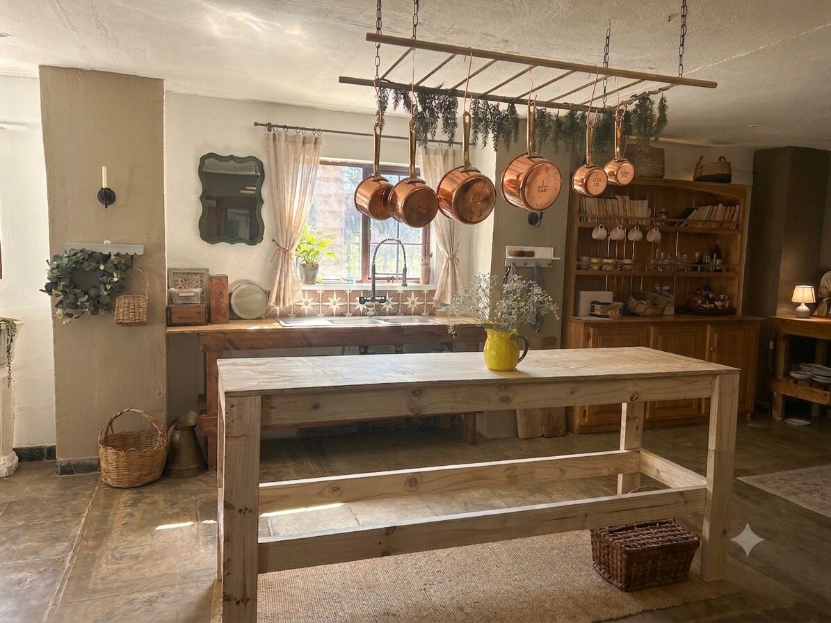 Una cocina rústica con una mesa de madera, ollas de cobre colgando y una ventana con cortinas.