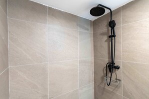 A shower with a handheld showerhead and a wall-mounted control. - NEW Beautifully Restored Historic Apartment (Willemstad)