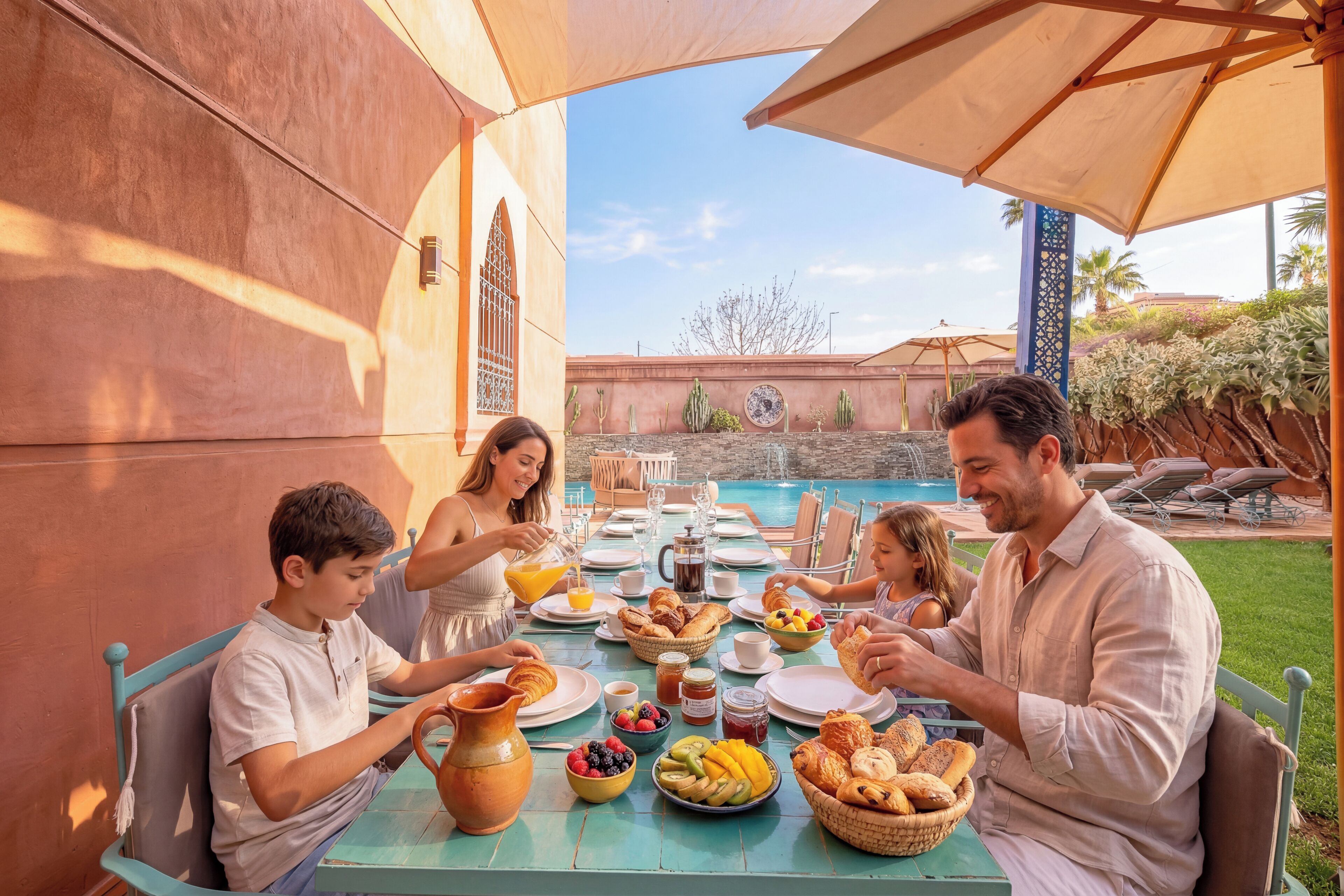 A dining table with food and drinks, a pool in the background, and a clear sky.