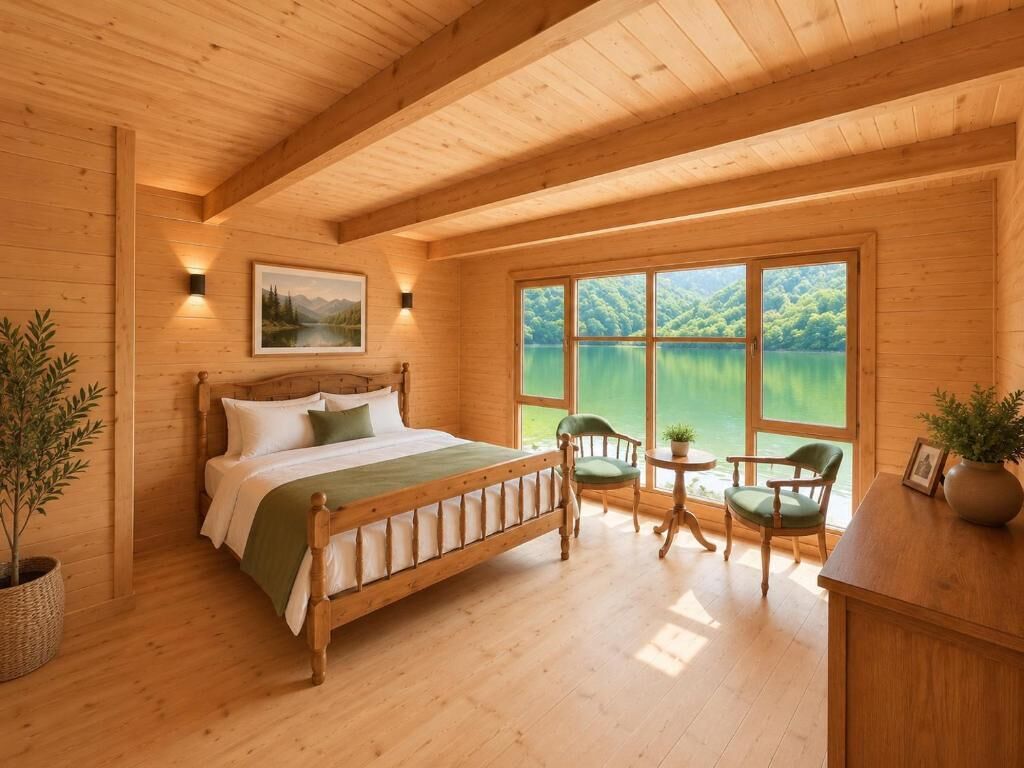 A wooden cabin bedroom with a bed, chairs, a small table, and a window with a view of a lake.