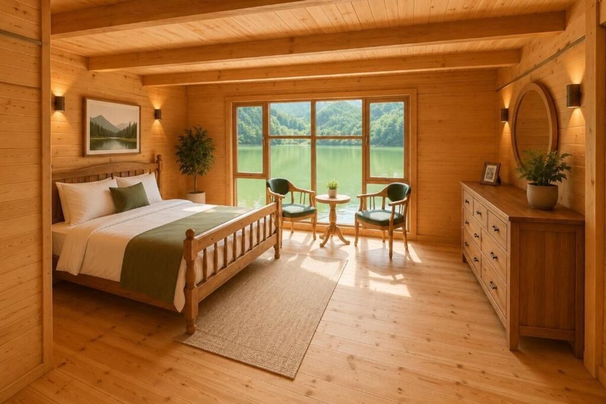 Un dormitorio de cabaña de madera con una cama, mesita de noche, sillas y vista a un lago.
