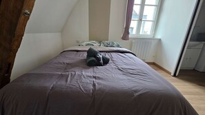 A bedroom with a bed, a radiator, and a window with curtains. - T2 l Gant Devant la Mairie - Calme - Centre (Arras)