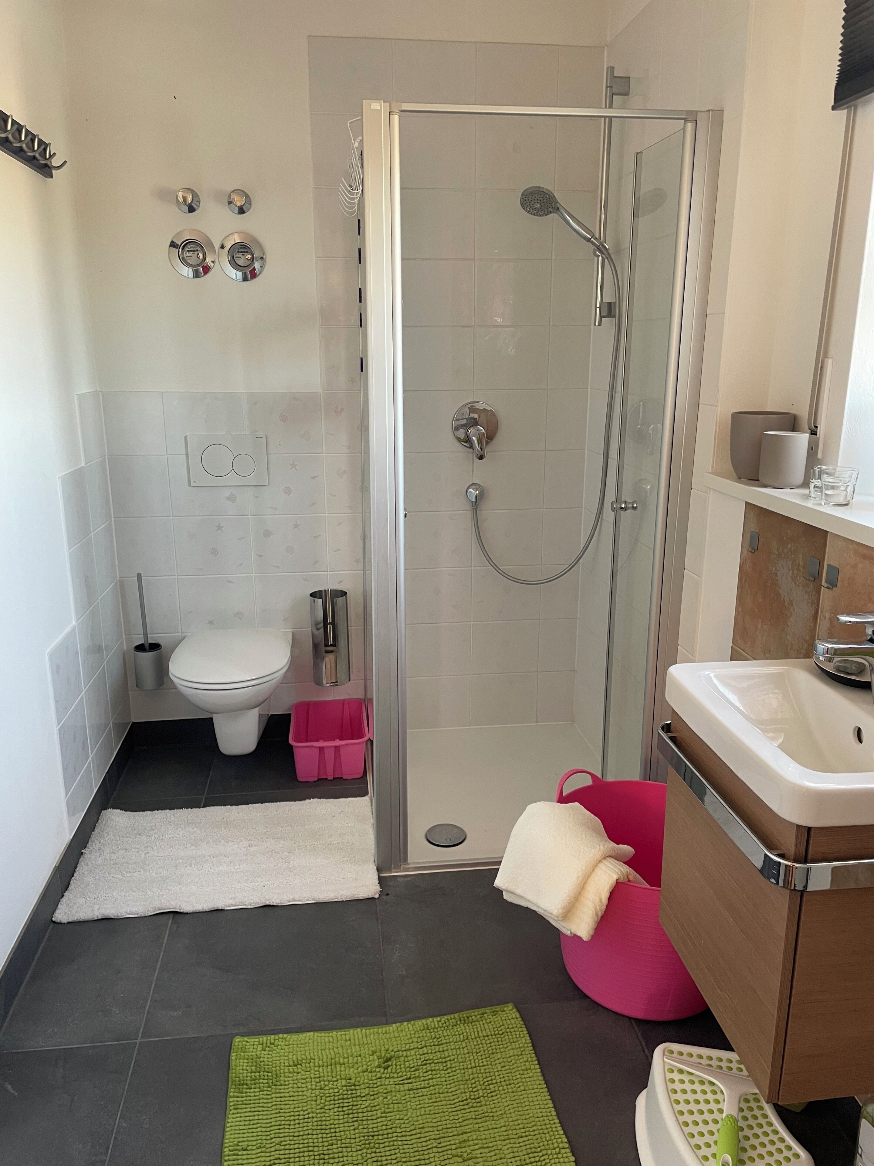 A modern bathroom with a shower, toilet, and sink.