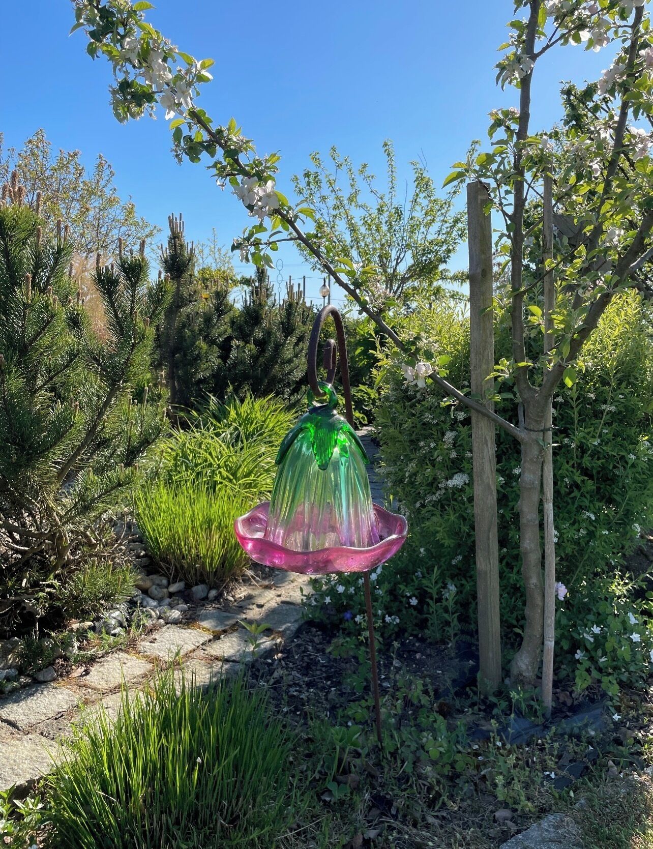 Un jardín con un bebedero para pájaros, plantas diversas y una cerca de madera.