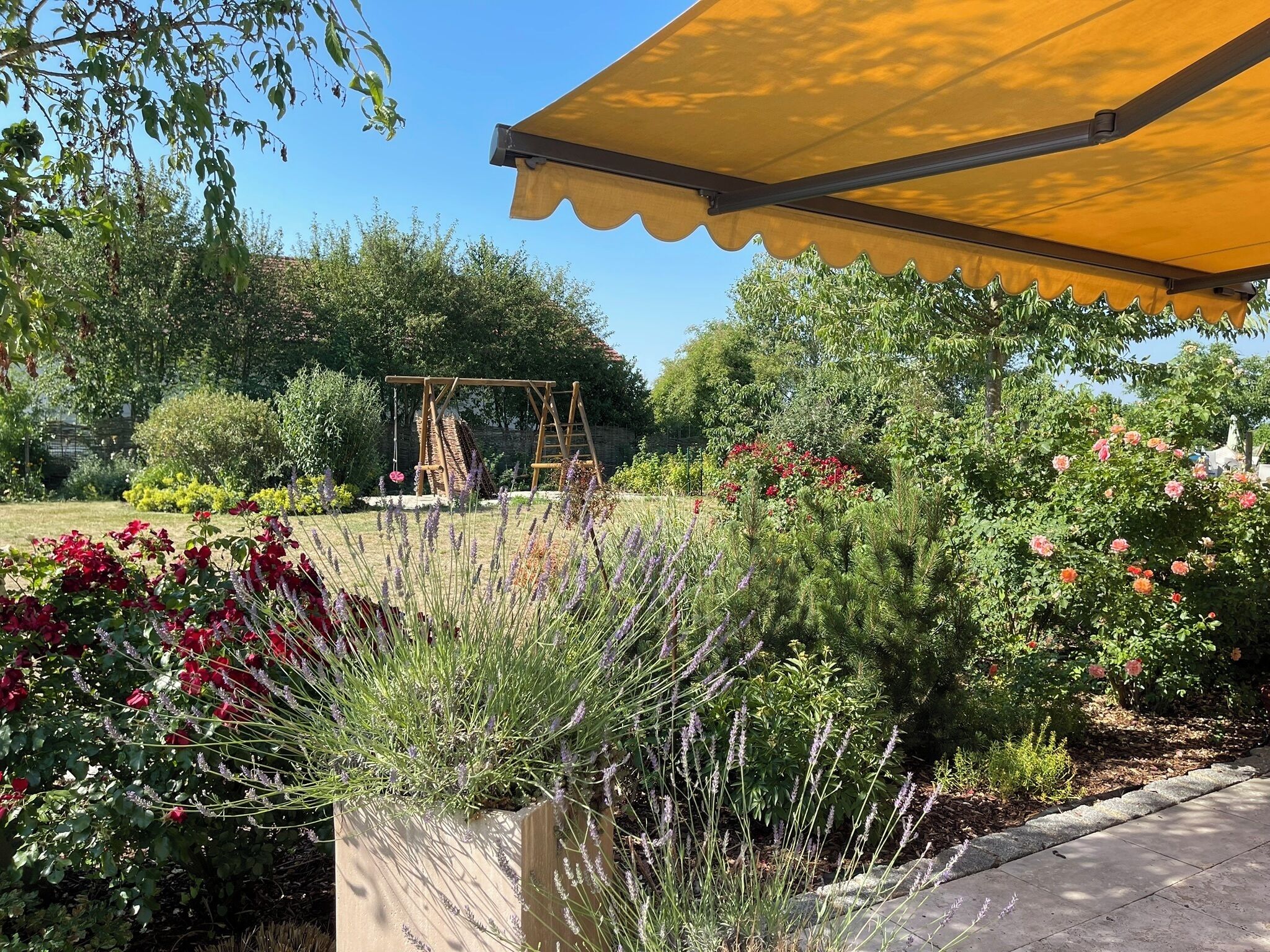 A garden with a wooden swing set, a yellow canopy, and various flowering plants.