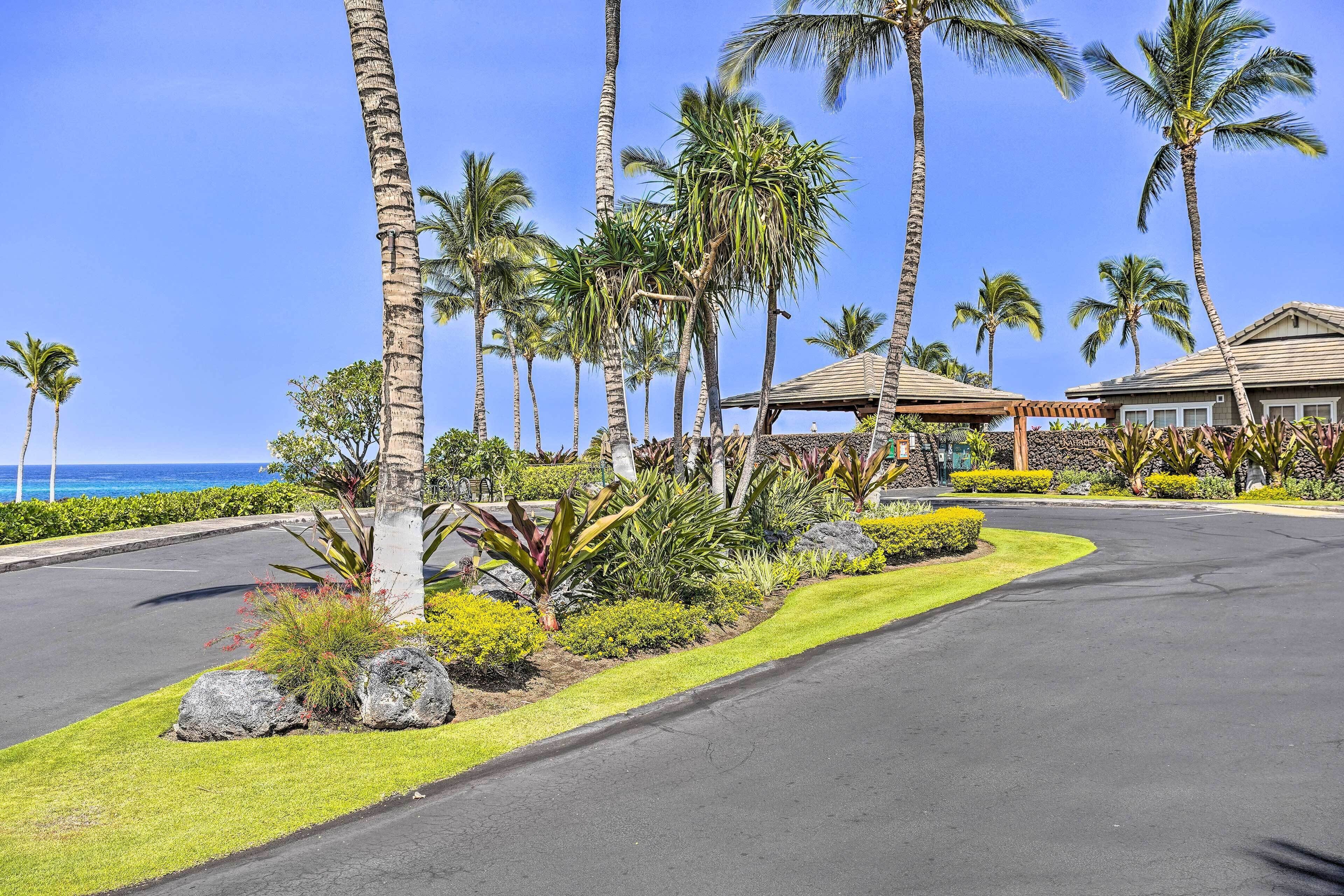 A resort with a paved driveway, palm trees, and a view of the ocean.
