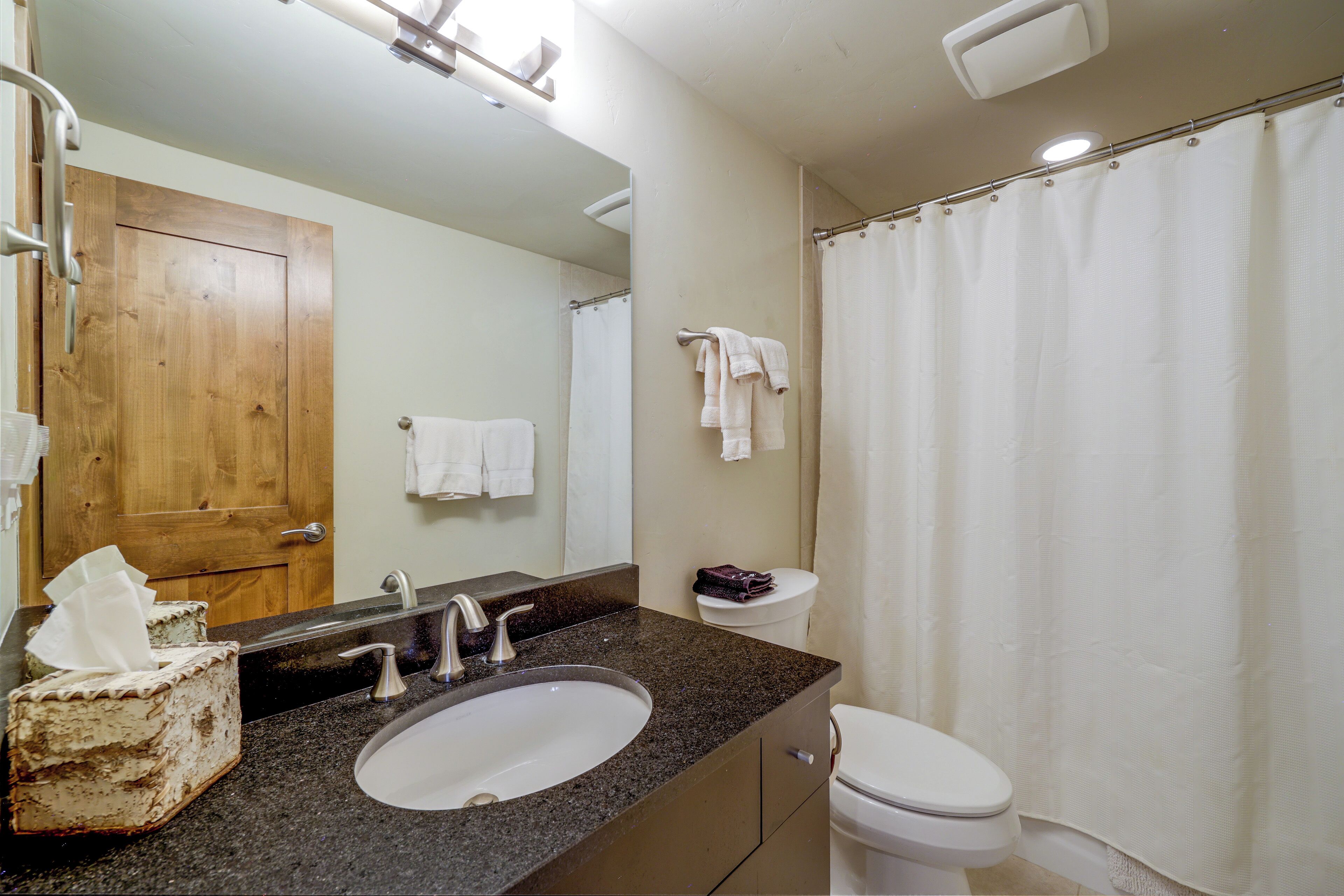 A bathroom with a sink, mirror, toilet, and shower curtain.