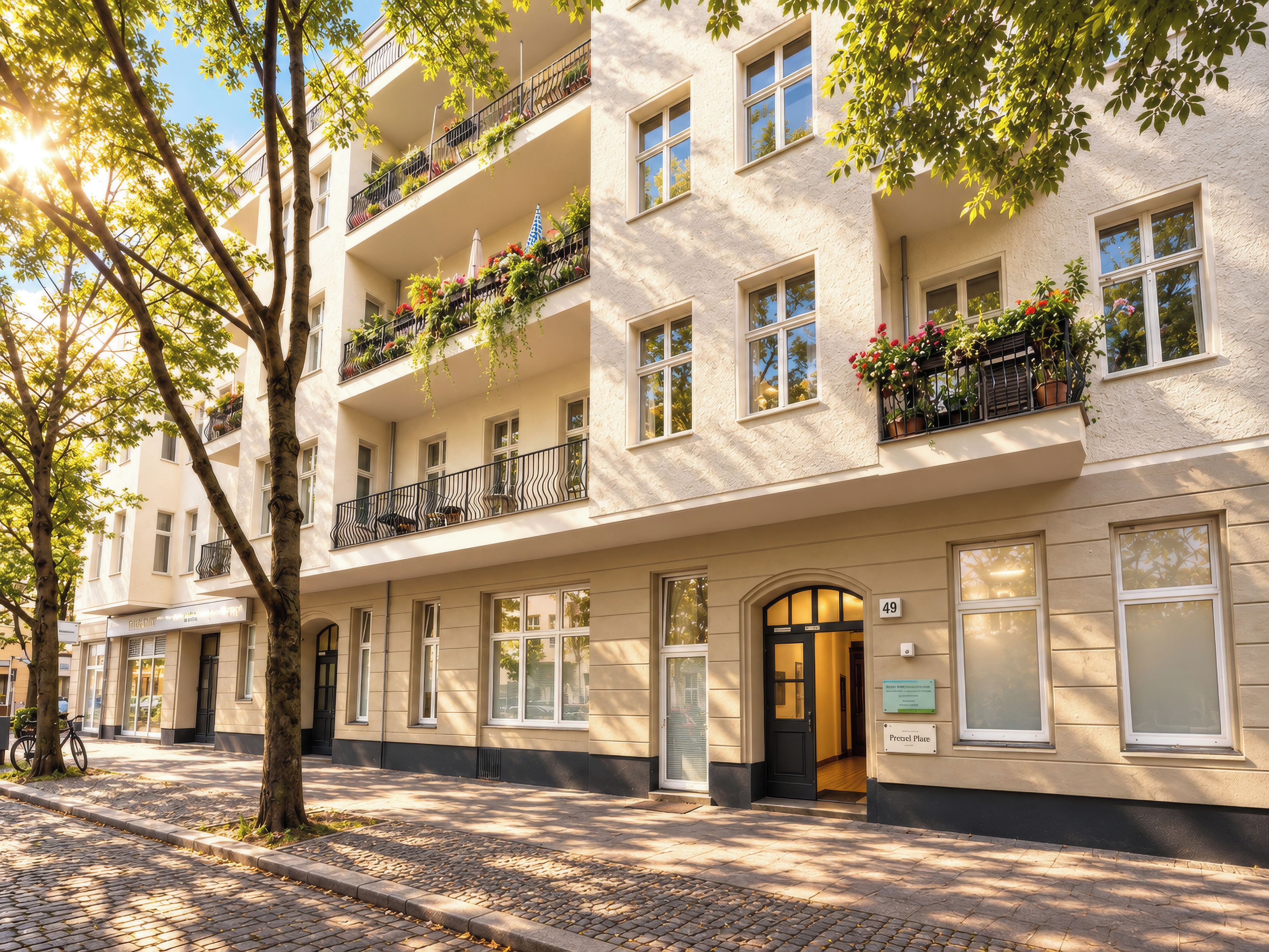 Un immeuble à plusieurs étages doté de balcons, une rue pavée et un arbre.