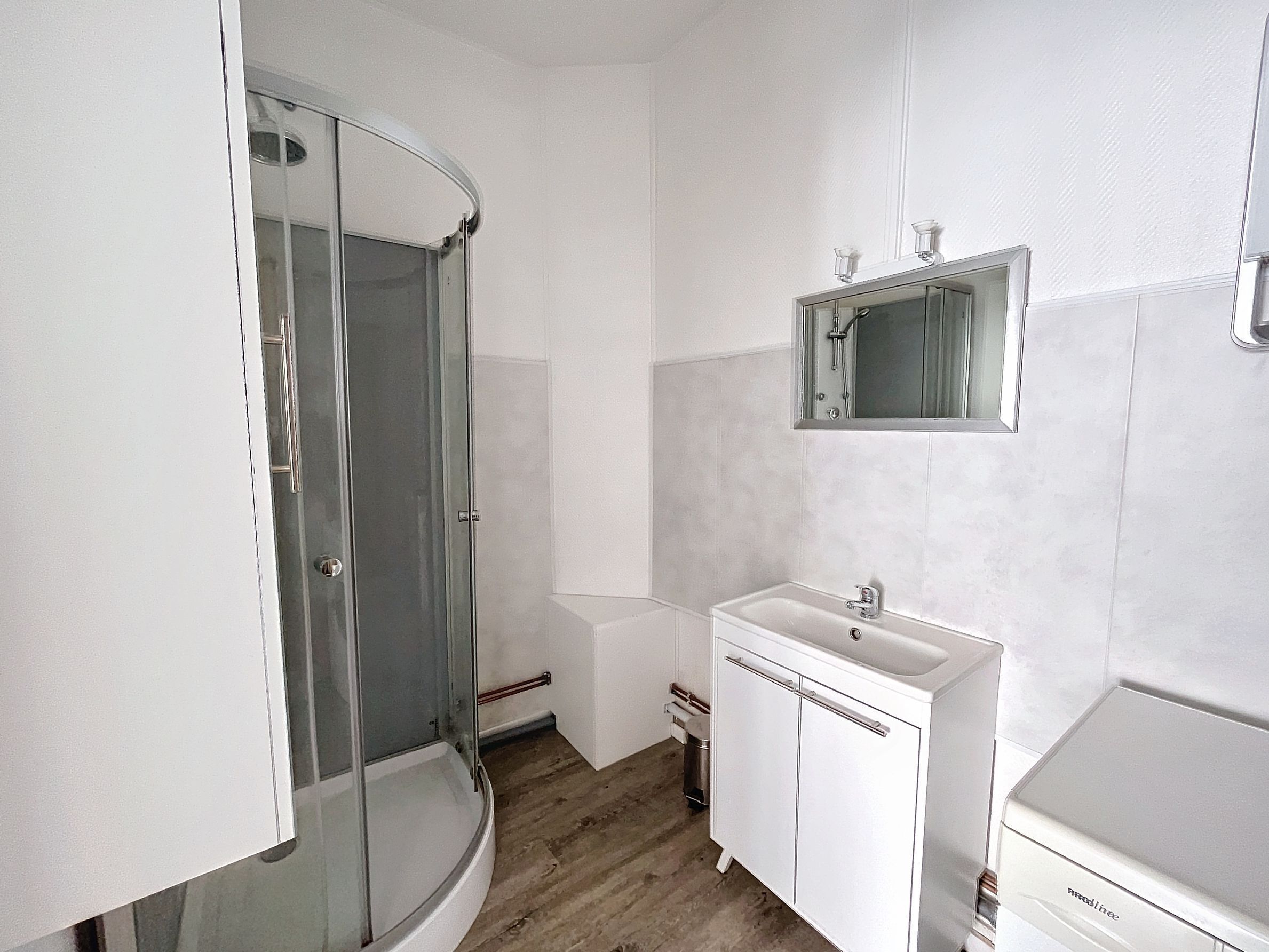 Une salle de bain avec une douche à parois de verre, un lavabo et un miroir.