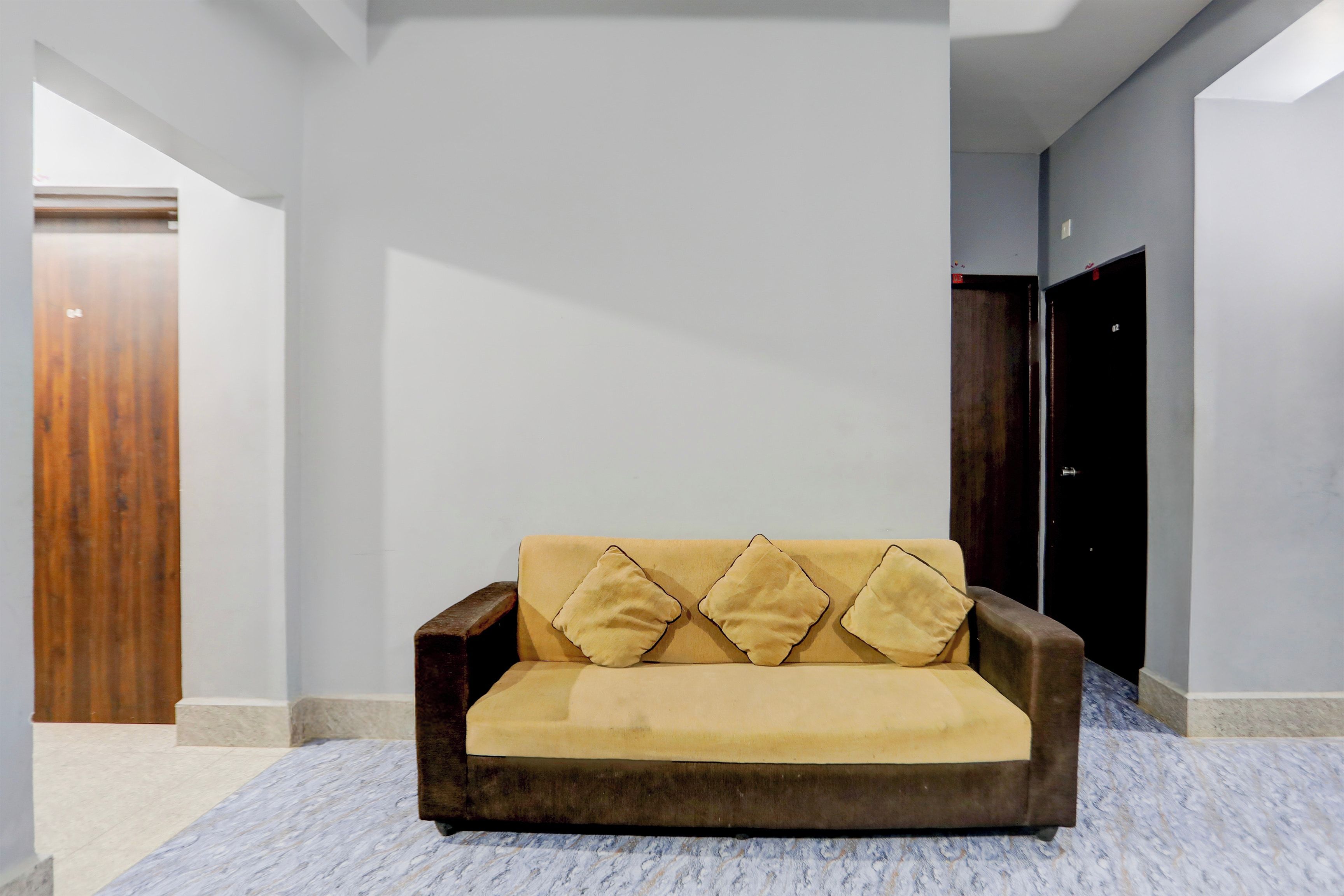 Een moderne woonkamer met een bank, een houten deur en een donkerdrijende garderobe.