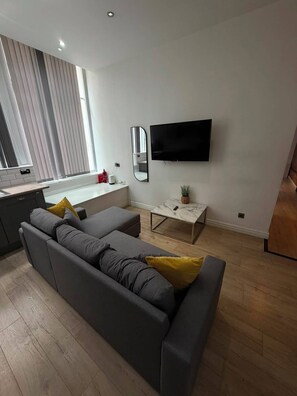 Ein modernes Wohnzimmer mit grauem Sofa, einem flachbildfernseher an der Wand und einem kleinen Tisch mit einer Pflanze.