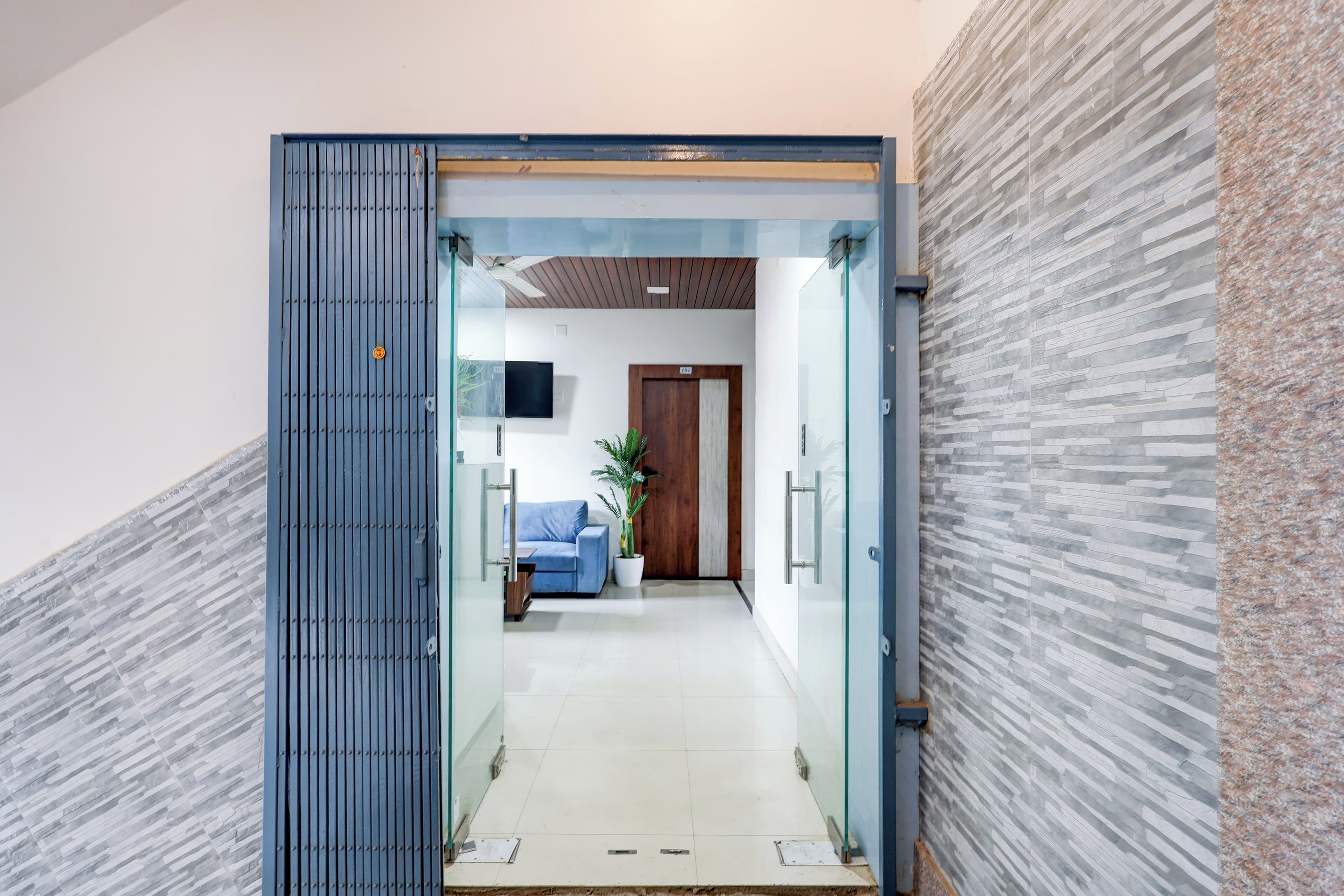 Un interior moderno con una puerta de vidrio que da a un pasillo, un sofá azul y una planta en maceta.