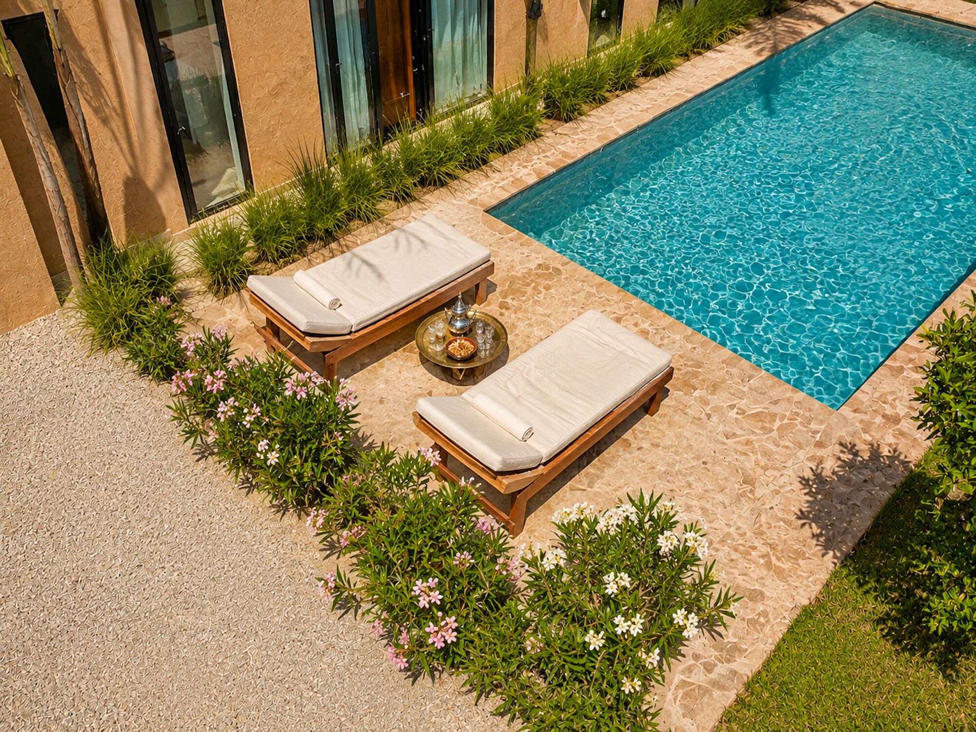 A pool area with two sun loungers and a table with a tray of items.