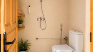 Ducha, secador de pelo, toallas, jabón