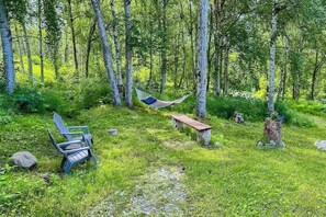 A hammock between trees, a bench, and a chair in a forest setting. - Remote 2BR Log Cabin Tucked Outside Anchorage (Eagle River)