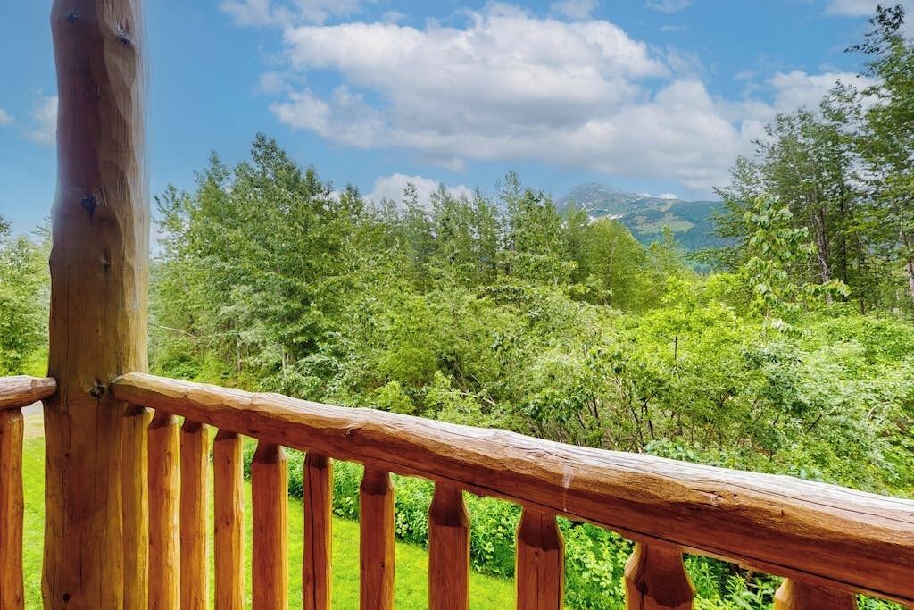 A wooden balcony railing overlooking a lush green landscape with trees and a clear sky.