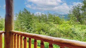 A wooden balcony railing overlooking a lush green landscape with trees and a clear sky.