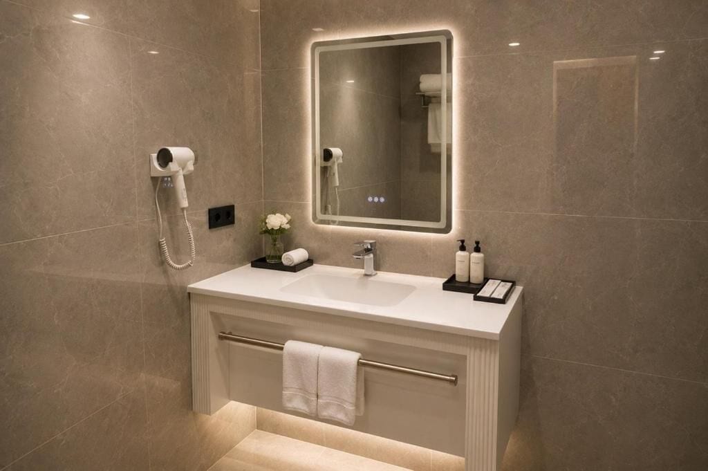 Une salle de bain moderne dotée d’un grand miroir, d’un sèche-cheveux intégré, d’un lavabo et d’un porte-serviettes.