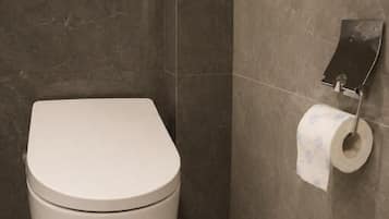 Eine Toilette mit weißem Deckel, einem an der Wand befestigten Toilettenpapierhalter und einer Wandverkleidung aus Marmorplatten.