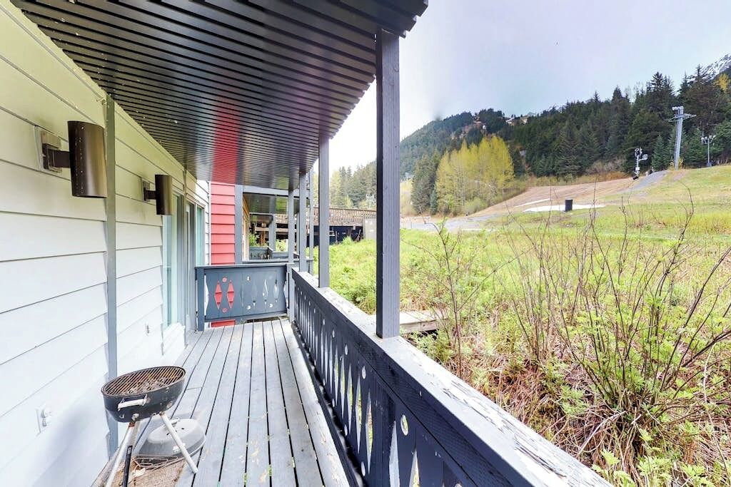 A covered porch with a grill, a view of a forested area, and a distant bridge.