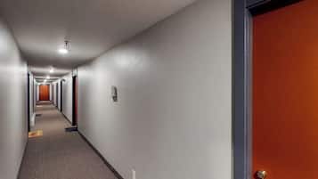 A hotel corridor with a carpeted floor, a door with a brass handle, and a light fixture on the ceiling.