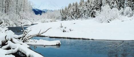 A river surrounded by snow-covered trees and a mountain in the background.