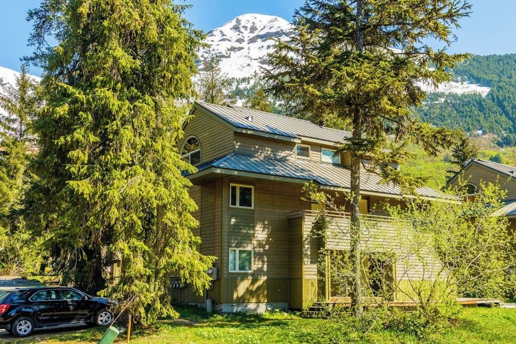 A two-story wooden house with a metal roof, surrounded by trees and a mountain in the background.