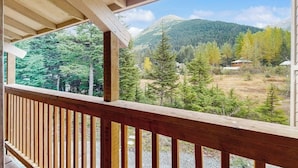 Un balcón de madera con vistas a un paisaje montañoso y un bosque denso.