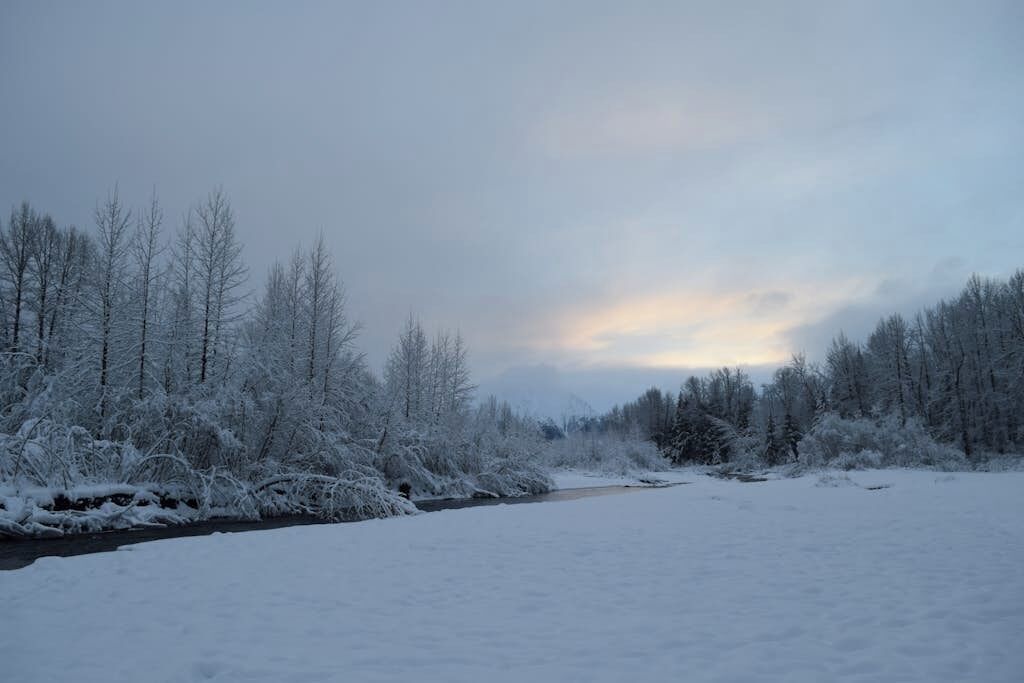 A snow-covered landscape with a river and trees.
