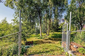 A fenced garden area with trees and a pathway.