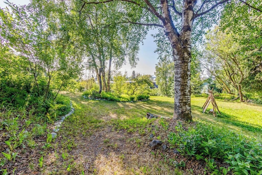 A garden with a dirt path, trees, and a wooden structure.
