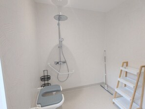 A bathroom with a shower, toilet, and a shelf unit.