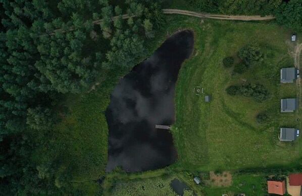 Vista aérea de una propiedad con un gran estanque, rodeada de abundante vegetación y algunos edificios.