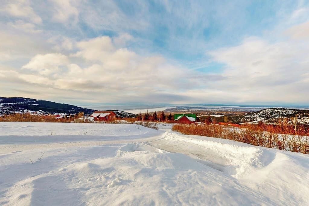 Paisatge nevós amb una vista d'un poble i muntanyes llunyanes.