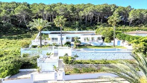 A large, multi-story house with a white exterior, surrounded by lush greenery and palm trees. - Villa in Xabia, Splendid View and Pool (Javea)