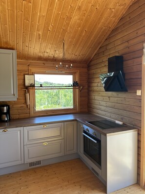A kitchen with wooden walls, a window with a view, a built-in stove, and white cabinets.